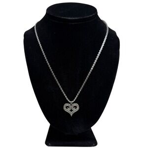 Silver Tone Heart Charm Pendant Necklace Rhinestone Accent Chain Jewelry 10 in L